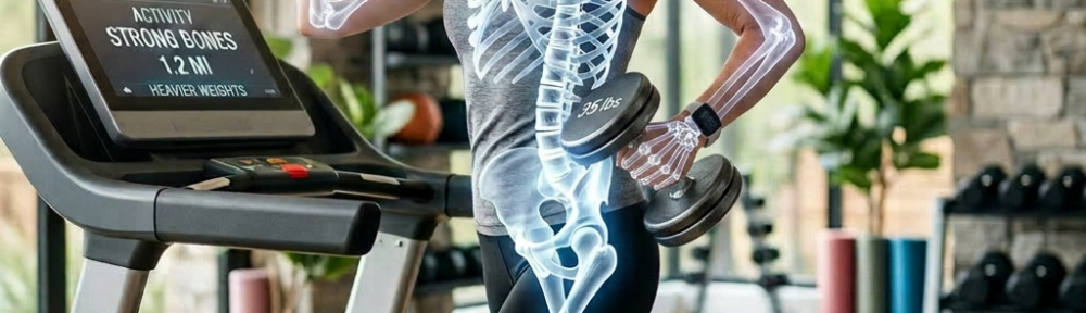 Woman walking on treadmill with glowing skeletal bones overlay